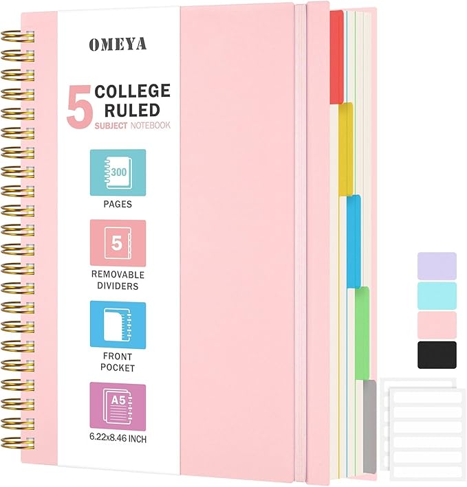 5 Subject Notebooks College Ruled, Lined Notebook with Removable Dividers | 300 Pages 100GSM Thick Spiral Writing Journal for Women & Men, Small A5 Spiral Notebooks for Work, School Supplies, 6" x 8"