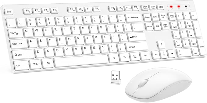 Wireless Keyboard and Mouse Combo, EDJO Silent Full Size Cordless USB Keyboard Mouse, 2.4GHz Lag-Free, Long Battery Life, for Computer, Laptop, PC, Chromebook, Windows (White, 1 Pack)