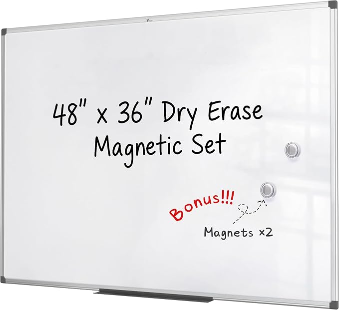 TOWON Magnetic Dry Erase Whiteboard 48x36 in, 4x3 ft, Silver Aluminum | Large white board for wall with marker tray and 2 magnets, for office, classroom and home