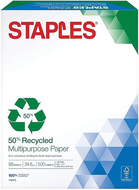 Staples 50 Percent Recycled Multipurpose Paper, 8 1/2" x 11", Ream, For Office, School & Home