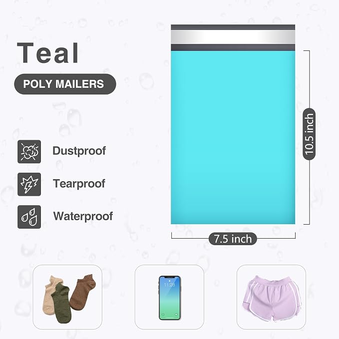 UCGOU Small Poly Mailers 7.5x10.5 Inch Teal 100 Pack Plastic Shipping Bags | Self Seal Adhesive Waterproof Tear Proof Mailers Poly Bags Strong Mailing Envelopes for Socks Accessories Small Items