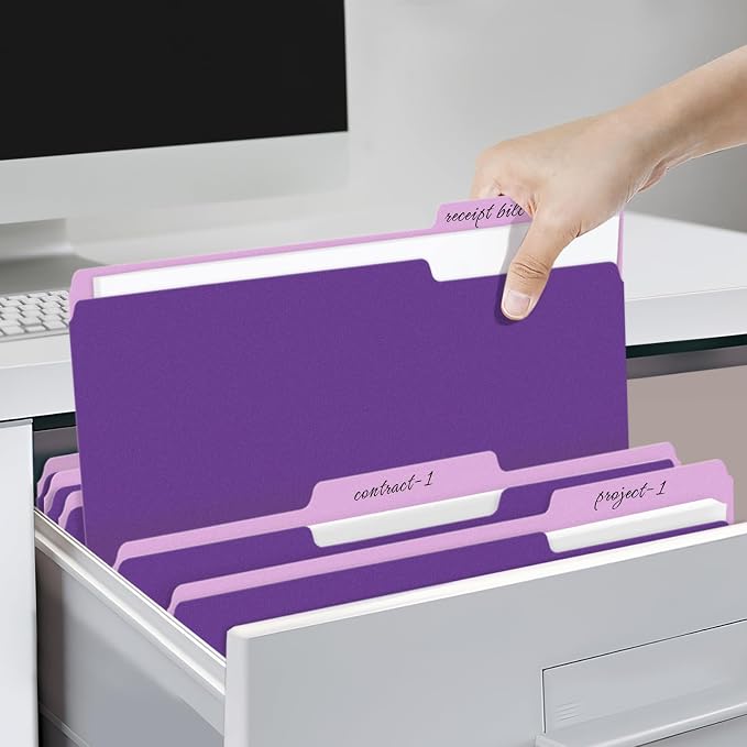 SUNEE File Folders, 18 Pack Manilla Folders 8.5 x 11, 1/3 Cut Tab for Easy Labeling and Organization, Durable Standard Paper for Home, Office, School Filing, Purple