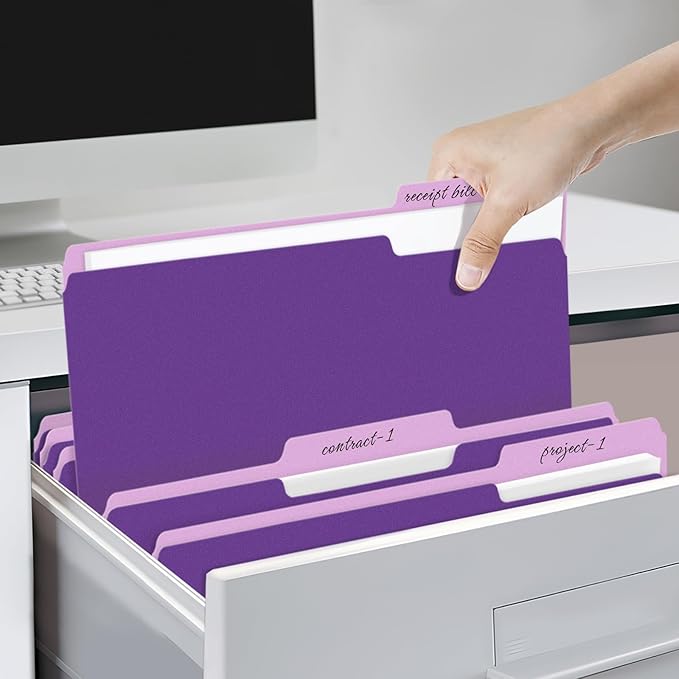 SUNEE File Folders, 120 Pack Manilla Folders 8.5 x 11, 1/3 Cut Tab for Easy Labeling and Organization, Durable Standard Paper for Home, Office, School Filing, Purple