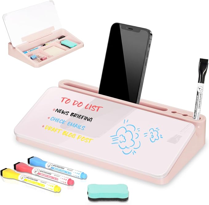 DOLLAR BOSS 12"x7" Small Glass Desktop Whiteboard, Pink | Dry Erase Board with Storage Drawer, Computer Keyboard Stand, Desk Organizer, Office Accessories, School Supplies