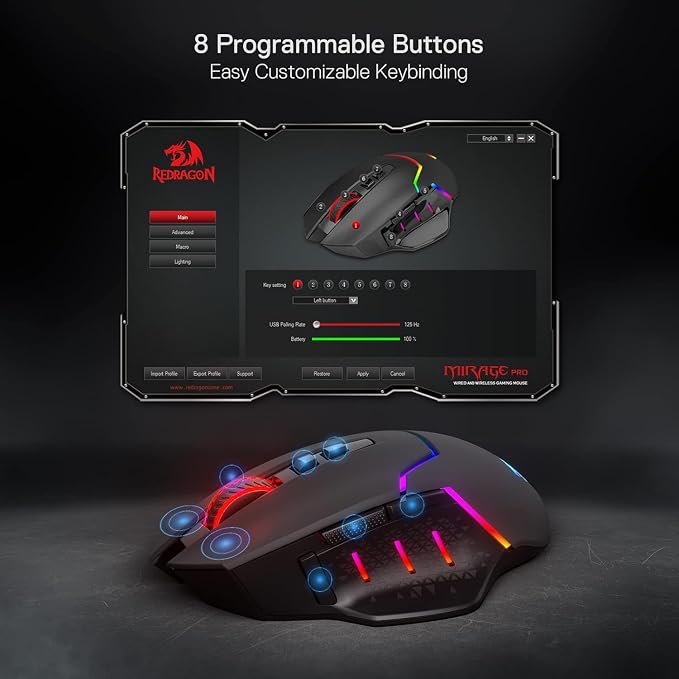 Redragon M690 PRO Wireless RGB Gaming Mouse 8000 DPI Remapping Keys | Cable-Free 0 Delay, Rapid-Fire Macro Keybinds, Vibing Backlight, Ergonomic Grip Body Comfort