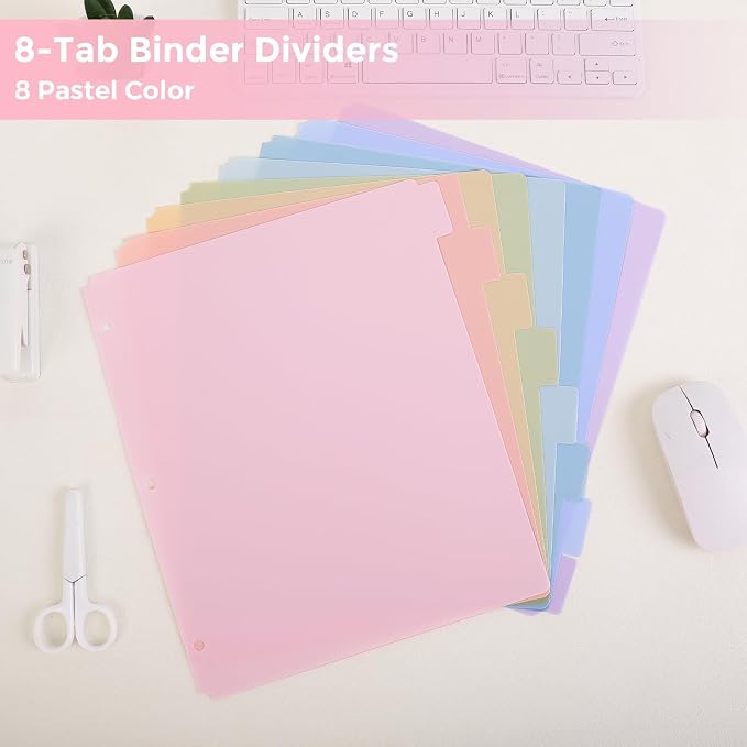 SKYDUE 8-Tab Large Dividers,Tabs Viewable Beyond Sheet Protectors | Durable Plastic Dividers for 3 Ring Binder, Write&Erase Dividers with Tabs,with Sticker Labels, Pink,1sets