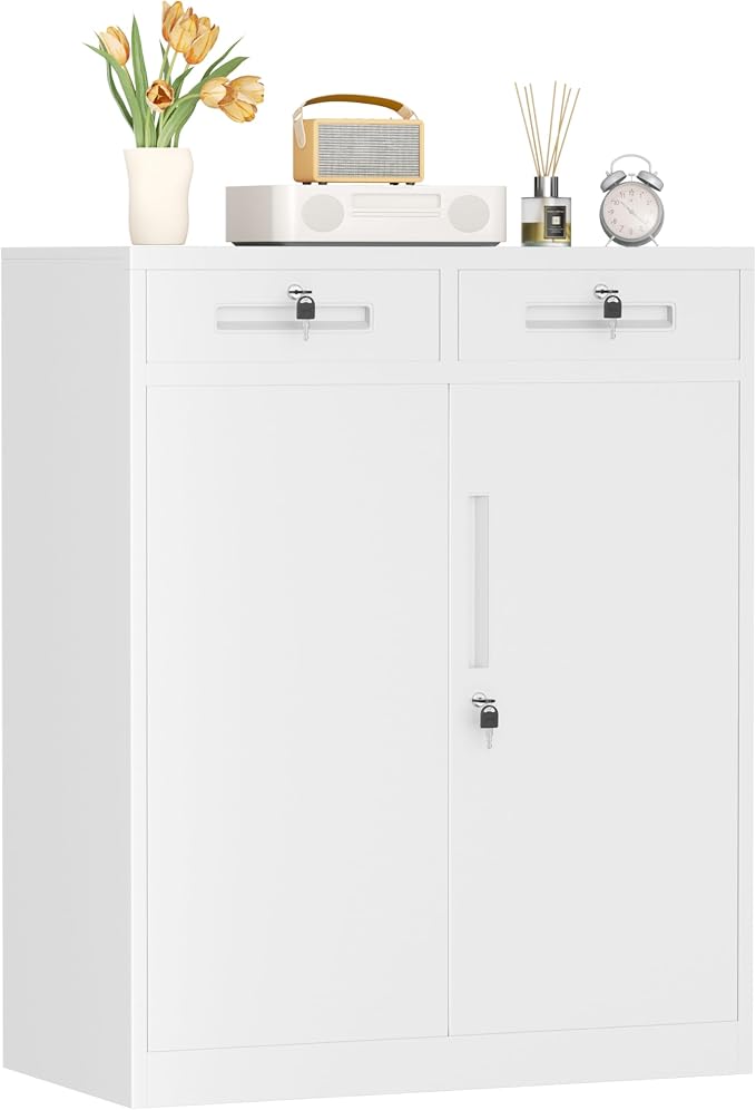 Metal Garage Storage Cabinets with Lock,Steel Storage Cabinet with Drawer and 2 Adjustable Shelves, Small Lockable Office Steel Cabinet for Home, Warehouse, School, White