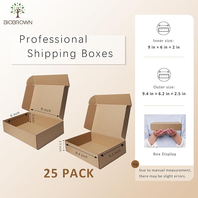 BIOBROWN 9x6x2" Small Shipping Boxes 25 Pack, Corrugated Cardboard Mailer Boxes Bulk for Packaging Small Business Mailing Gift, Kraft Brown