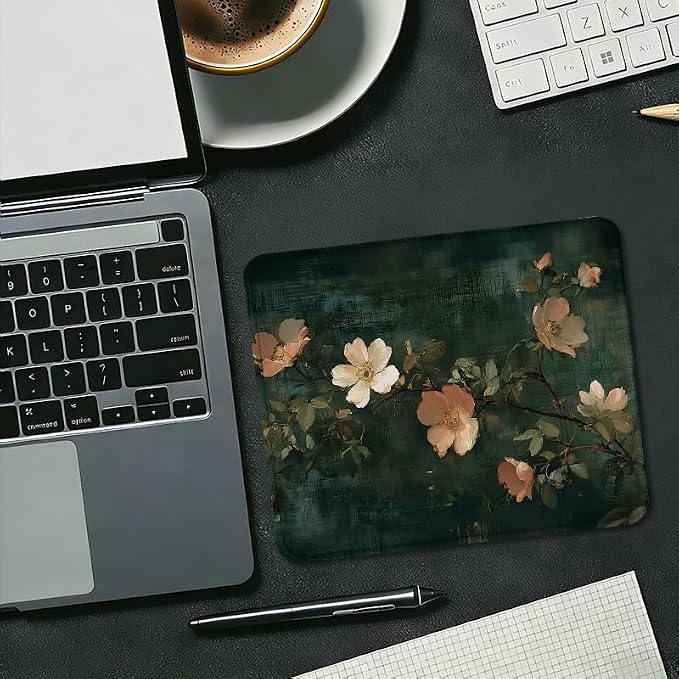Dark Green Vintage Floral Square Mouse Pad, Farmhouse Moody Wild Rose Flower Mousepad Mat for Home Office Computer Gaming Desk Accessories 9.5x7.9 in