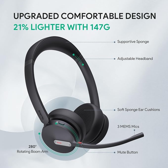 Yealink BH70 Teams Bluetooth Headset with Mic for Work, 35h Talk Battery | AI 3-Mic, 147g Lightest in its class, Teams Certified & Cisco Zoom Google 100+ Compatible, for Open Office/ WFH/ Call Center