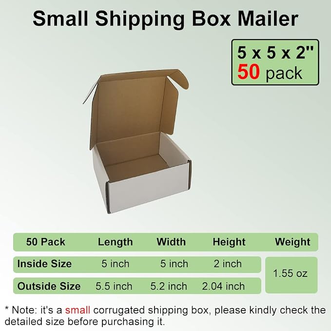 50 Pack 5x5x2'' Small Shipping Boxes, White Corrugated Cardboard Literature Mailers, Mailing Packaging Supplies for Small Business (W552-50)