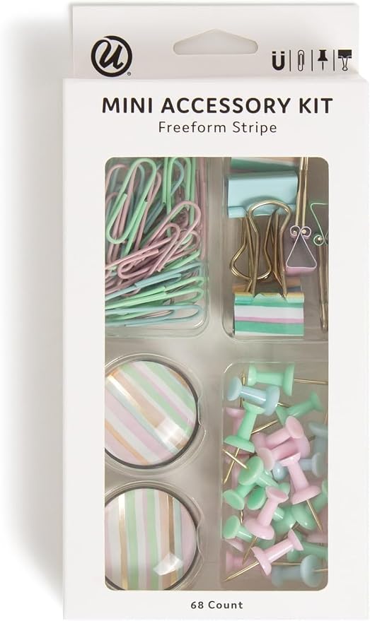 U Brands Office Accessory Kit, Office Supplies, Includes 2 Magnets, 6 Small Binder Clips, 36 Paper Clips, and 24 Standard Push pins, Freeform Stripe