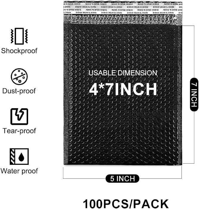 Koja Extra Thick Padded Bubble Mailers, 4x8 in, 50-Pack, Black | Usable interior size 4x7 in. Self-seal closure for secure packaging. Ideal for shipping and small business mailing.