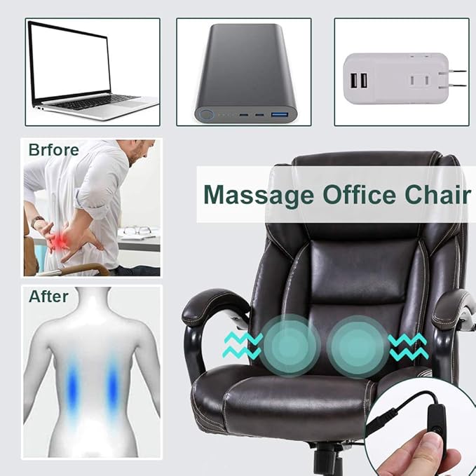 Big and Tall Office Chair 500lb Wide Seat Massage Desk Chair Ergonomic Computer Chair with Headrest Lumbar Support Armrest Rolling Swivel Chair Adjustable PU Leather Task Chair for Adults Women(Brown)
