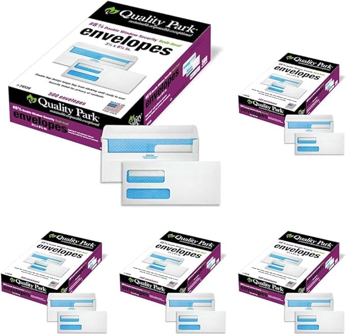 Quality Park #8 5/8 Security Envelopes,Double Window,Self Seal Envelopes for Invoices/Statements,3-5/8" x 8-5/8",24 lb White,500/Box (QUA24539),(Pack of 5)