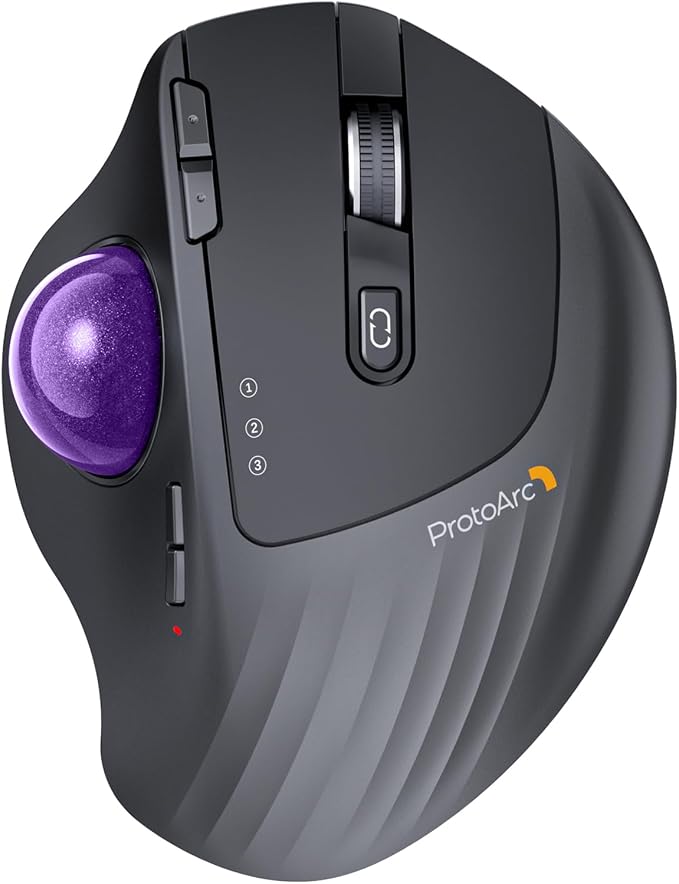ProtoArc EM01 NL Wireless Trackball Mouse, Thumb Control, Purple | 0/20° Adjustable Angle to Reduce Fatigue, Triple-Device Bluetooth & 2.4G USB-A for Office Use, Silent Click, Easy to Clean