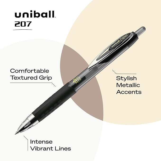 uniball 207 Retractable Gel Pens, Ultra Micro Point (0.38mm), Black, 12 Pack