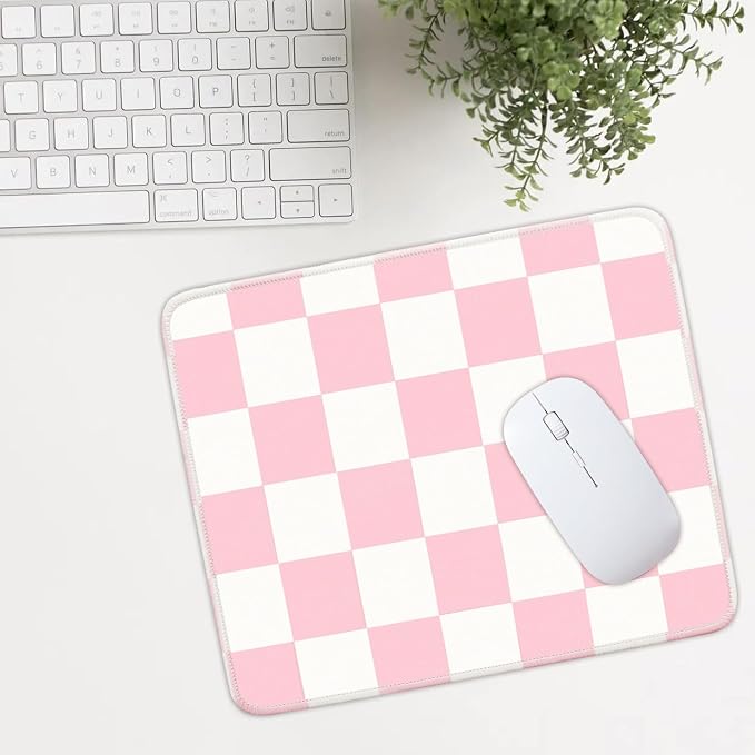 Mouse Pad for Desk with Stitched Edge, Premium Cute Washable Mouse Pads. Computer Mousepad with Non-Slip Rubber Base, Mousepads for Laptop, 9.25x7.75x0.12 inch (Pink Checkers)