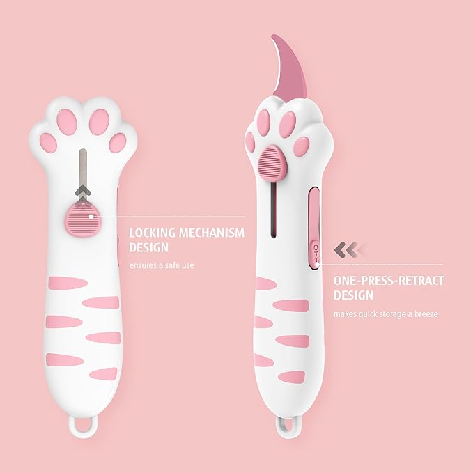 Cat Paw Box Cutter Retractable with Cat Paw Handle, Multifunctional Knife Set (Pink)