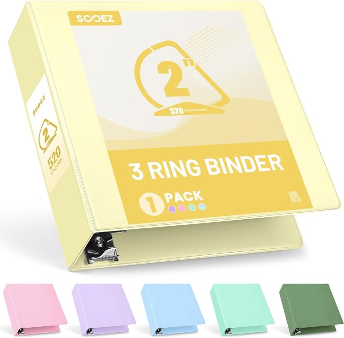 Sooez 3 Ring Binder 2 Inch, D-Ring Binder with Pockets, Yellow, Letter Size | Holds 520-Sheet of 8.5x11 Paper, Extra Durable, PVC-Free, Clear View Cover, Interior Pockets, Eco-Friendly, School, Office