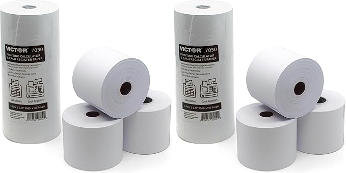 Victor 7050 Compact White Paper Rolls for Handheld and Portable Printing Calculators/Adding Machines/Ink Print Cash Registers 2.25” W x 150' FT (6-Pack)