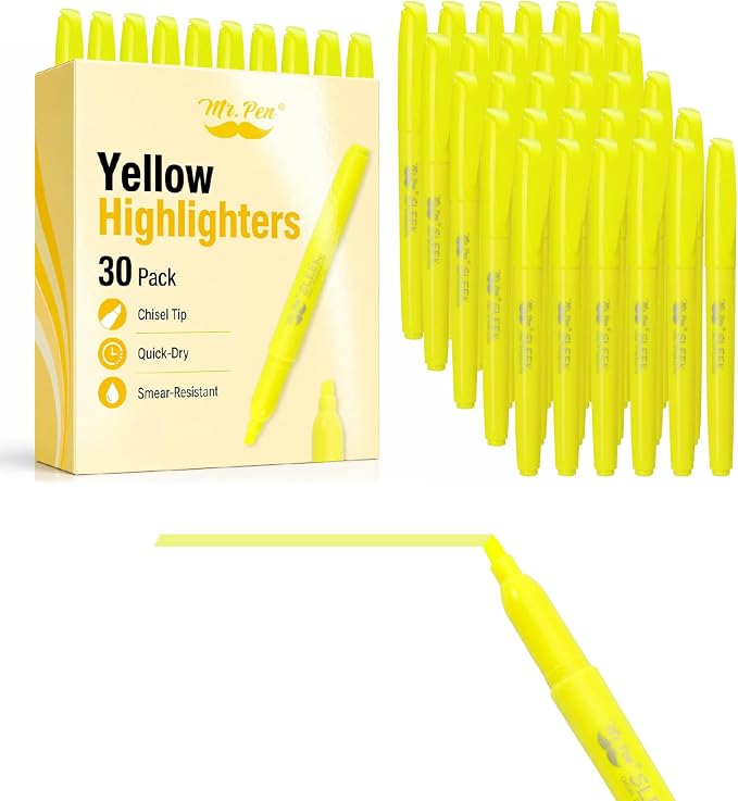 Mr. Pen- Yellow Highlighters, 30 Pack, Chisel Tip, Quick-Dry | Smear-Resistant, Odorless Yellow Highlighters Bulk for School, Office & Journaling