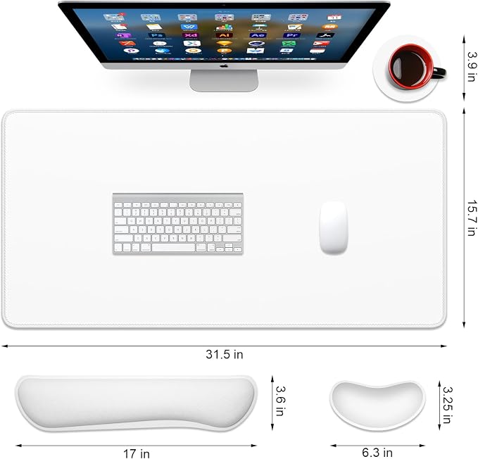 Dapesuom Keyboard Wrist Rest Mouse Pad Set, 4Pcs Extended Large XXL Gaming Mousepad + Mouse Wrist Cushion + Memory Foam Keyboard Wrist Support + Cup Coaster, White 31.5x15.7in Desk Pad for Home Office