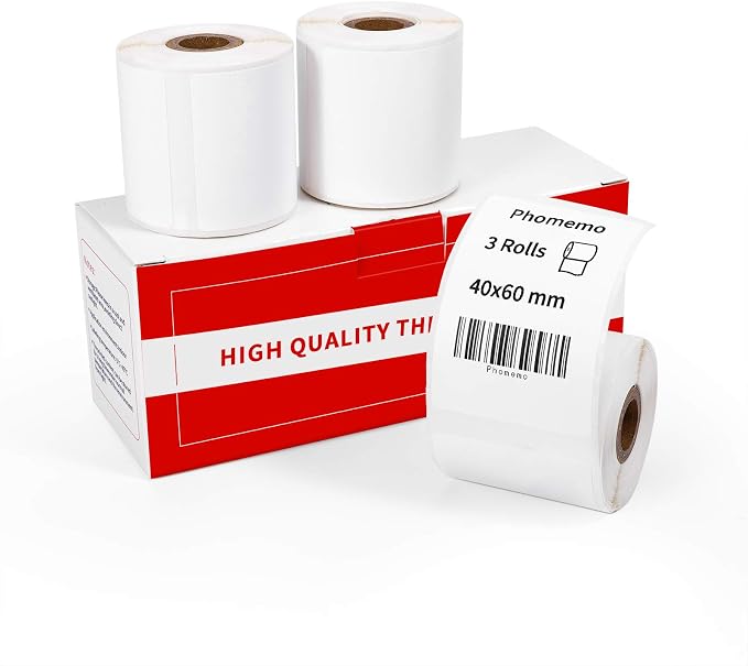 Phomemo Labels 3 Rolls, 1.57''x2.36'', Use for M110/M100/M220/M108, 340 PCS | Square 40x60mm Waterproof Thermal Sticker Use for Barcode, Logo,Listing, Business, Home,Organization, Office, White