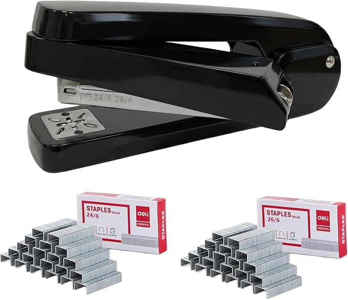 Heavy-Duty Metal Swing-Arm Stapler with 2000 Stapless (24/6 & 26/6), Black | 360° Rotatable for Booklet Binding, 25 Sheet Capacity