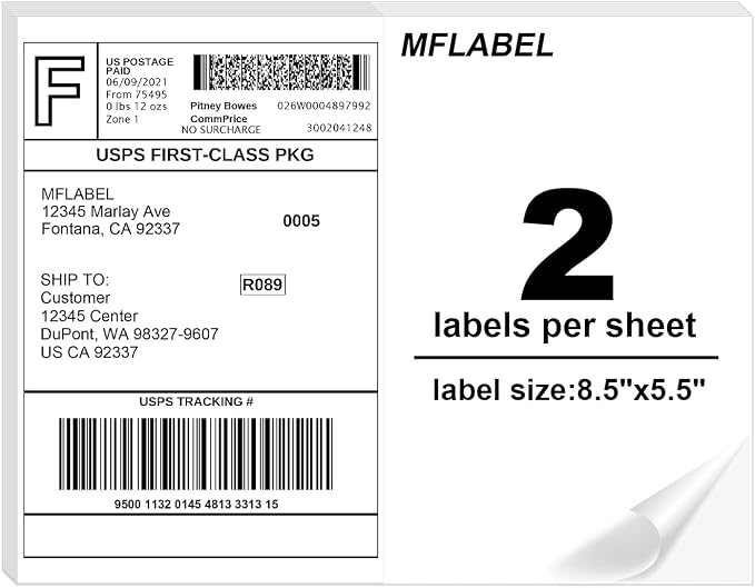 MFLABEL Half Sheet Label Laser/Ink Jet Shipping Label 8.5 x 11 Inches Packaging Labels, Address Labels for Laser & Inkjet Printers, 3000 Count(1500 Sheets)