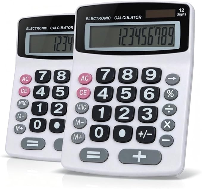 Lily' Home Jumbo 12 Digit, Solar Power, Large LCD Display - Desktop Calculator, Dual Power, Large Button Design, Battery Operation, Easy-to-Read Tilted, for Home, Office, School, Class & Business, 2PK