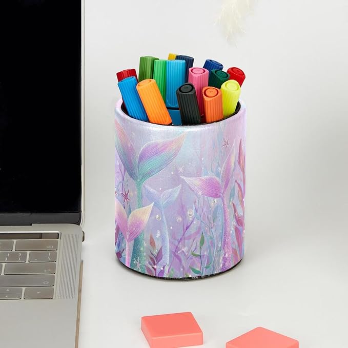 Leather Pen Holder for Desk, Mermaid Tail Pencil Cup Pen Organizer Makeup Brush Holder for Office Home Kids Countertop Desk Accessory Storage