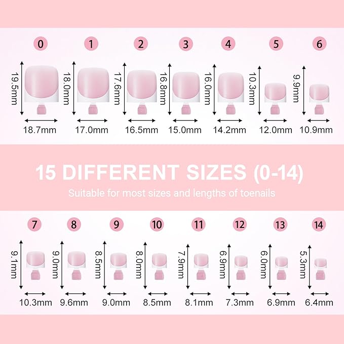 SWETIDAY Toe Nail Tips Press on, French Fake Short Toe Tips, 150Pcs Square Round Acrylic Toenail Press Ons, 15 Sizes French Baby Pink Wearable Full Cover Fake Toenails