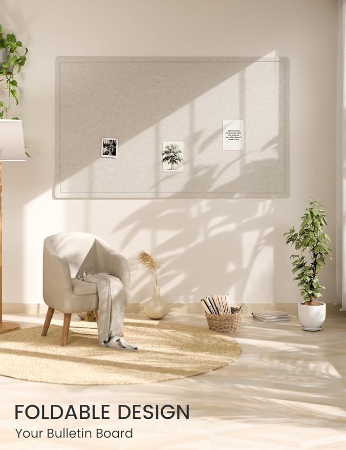 Fluxynara 59" x 35.4" Large Bulletin Board, Oatmeal | Cork Board Alternative with 24 Removable Adhesive Tabs, Foldable Felt Pin Board for Home, Office, Classroom & Dorm