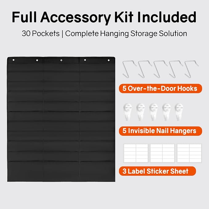 SUNEE 30 Pockets Hanging Wall File Organizer, Black Storage Pocket Chart for File Folder and Paper, Space Saver for Office and Classroom, with Wall Hangers, Over The Door Hooks, Labels