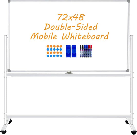 Rolling Whiteboard on Wheels 72x48 inch, Large Double-Sided White Board Dry Erase with Stand, Magnetic Mobile Whiteboard with Stands for School, Office, Home 2 Eraser, 6 Markers, 20 Magnets