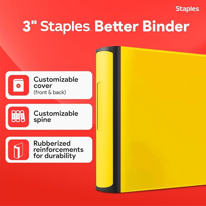 Staples Heavy-Duty 3-Inch D-Ring Binder, Yellow – Large Capacity 3-Ring Binder, Holds Up to 600 Sheets for School & Office
