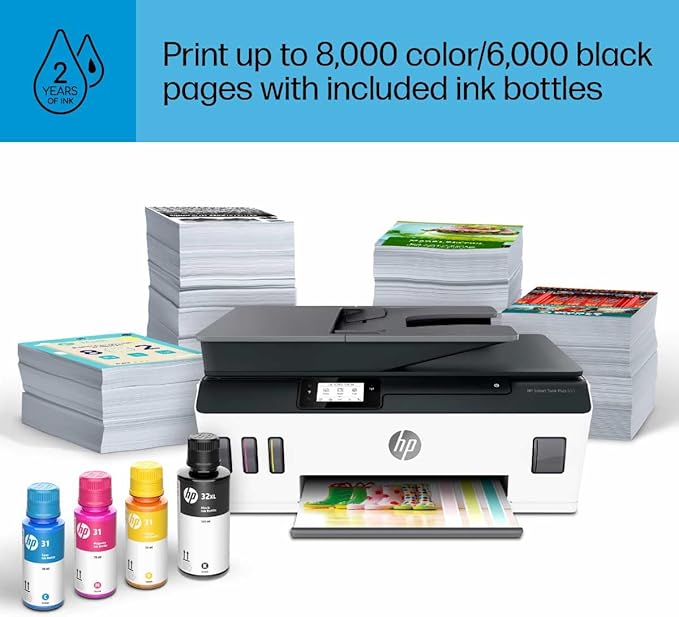 HP Smart Tank Plus 651 Wireless All-in-One Printer, Ink Tank Printer-for-Home Use, 2 Years of Ink Included Auto Document Feeder, Mobile Print, Scan, Copy, Fax, an EcoTank Alternative (7XV38A)