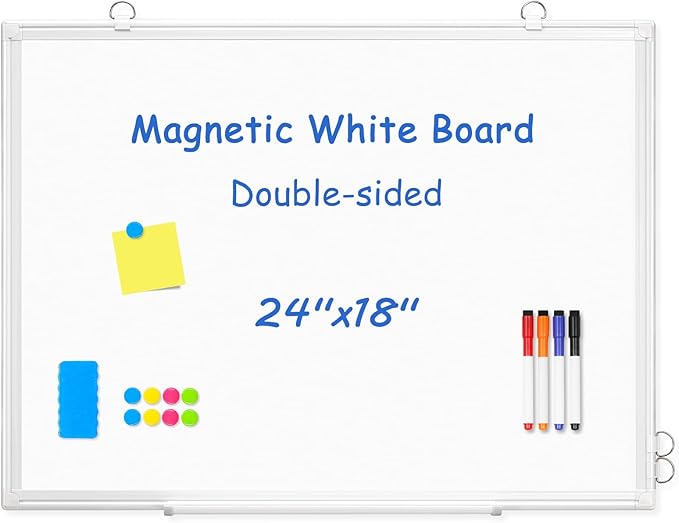 Double-Sided White Board Dry Erase Magnetic Whiteboard Wall 24x18, White | Smooth Write & Clean, Durable 11-Layer, Aluminum Frame, Easy Wall Mount & Hanging, Full Kit for Home, Office, School