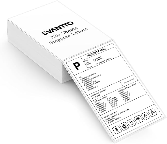 SVANTTO 4x6 Thermal Labels, Strong Adhesive and Perforated Shipping Labels, Thermal Printer Labels for Mailing Postage Address（220Pcs/Stack）