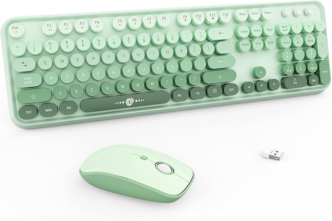 Wireless Keyboard and Mouse Combo - 2.4G Full-Sized Cute Colorful Mouse and Keyboard with 104 Round Keys Retro Typewriter Keyboard for Laptop/Windows/PC - Green Gradient