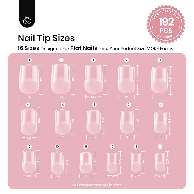 Beetles Tipex Instant Apex Nail Tips, XS Short Squoval, 16 Sizes |00–14, 192pcs, Built-In Apex, No Builder Gel Required, Thicker Strong Acrylic Tips for DIY Nail Extensions