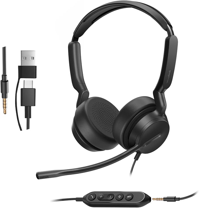 Yealink UH42 SE Wired Headset, USB-A/C & 3.5mm,in-Line Controls, On-Ear | Stereo Computer Headphones, Teams/Zoom Certified, Noise Cancelling Microphone, PC/Laptop/Phone, 7ft Cable, Call Center,Office