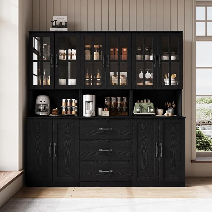 VOWNER Bookcase with Glass Door, 5-Tier Modern Bookshelf with Large Drawer, Glass Display Cabinet with Large Storage Shelf, Combination Storage Cabinet for Home Office (Black, AABB)
