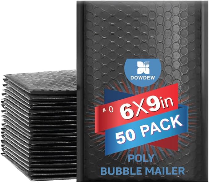 Water Resistant Bubble Envelope Mailers [50 Pack] 6 inch x 9 inch #0 Black Poly Padded Shipping Envelopes Self Sealing Cushioned Packaging Bags