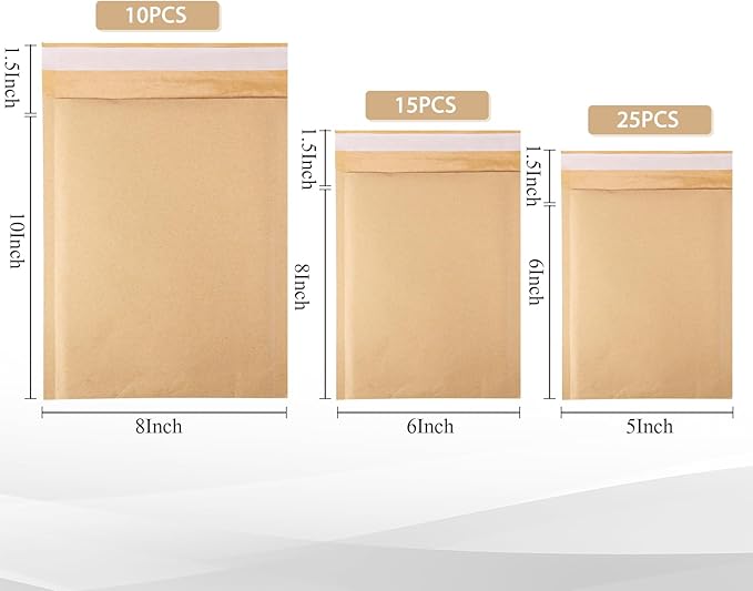 50 Pcs Kraft Bubble Mailers 3 Size Padded Envelopes Kraft Poly Mailers Bubble Lined Shipping Envelopes Mail Shipping Bags for CDs Book Business Supplies (Natural)