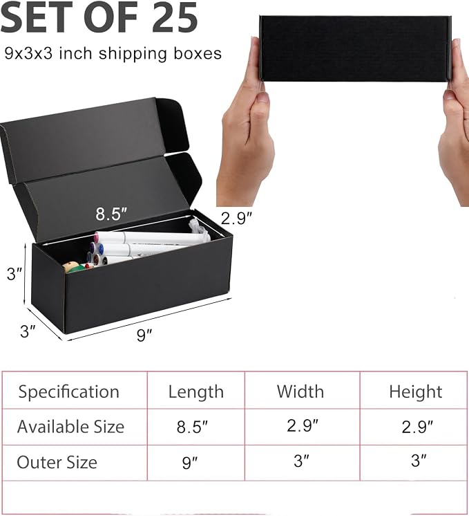 9x3x3 inch Black Shipping Boxes for Small Business- Set of 25 | Sturdy ECT 32 Corrugated Cardboard Mailer Boxes, Easy Assemble for Packaging, Mailing, Gift