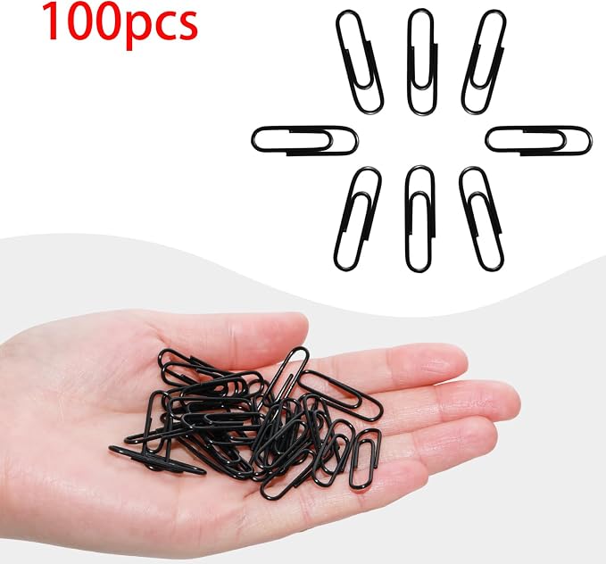 100 Pcs Black Paper Clips, 1.1 Inch (28mm) Colorful Paperclips | Vinyl Coated, Colored Paper Clips, Rust Proof, for Office, School, DIY, Bookmarks and Document Organization