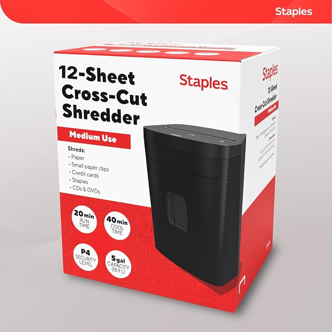Staples 12-Sheet Micro-Cut Paper Shredder, High-Security, Anti-Jam, Black | Shreds credit cards and documents for home or office. Jam-resistant micro-cut design.