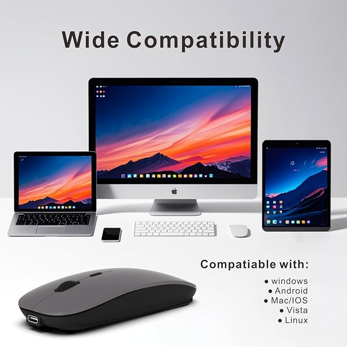 HOTDREAM Bluetooth Wireless Rechargeable Mouse for MacBook Pro/Air/iPad Air/iPad Pro/Laptop/Tablet/iPhone/PC, Bluetooth 5.2/3.0 and 2.4GHz Dual Mode Mouse (Gray)